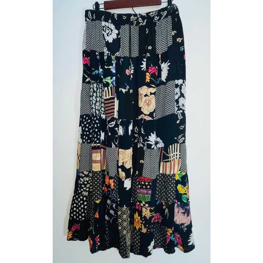 Trendy boutique Black Floral Patchwork Maxi Skirt with Multicolor Accents